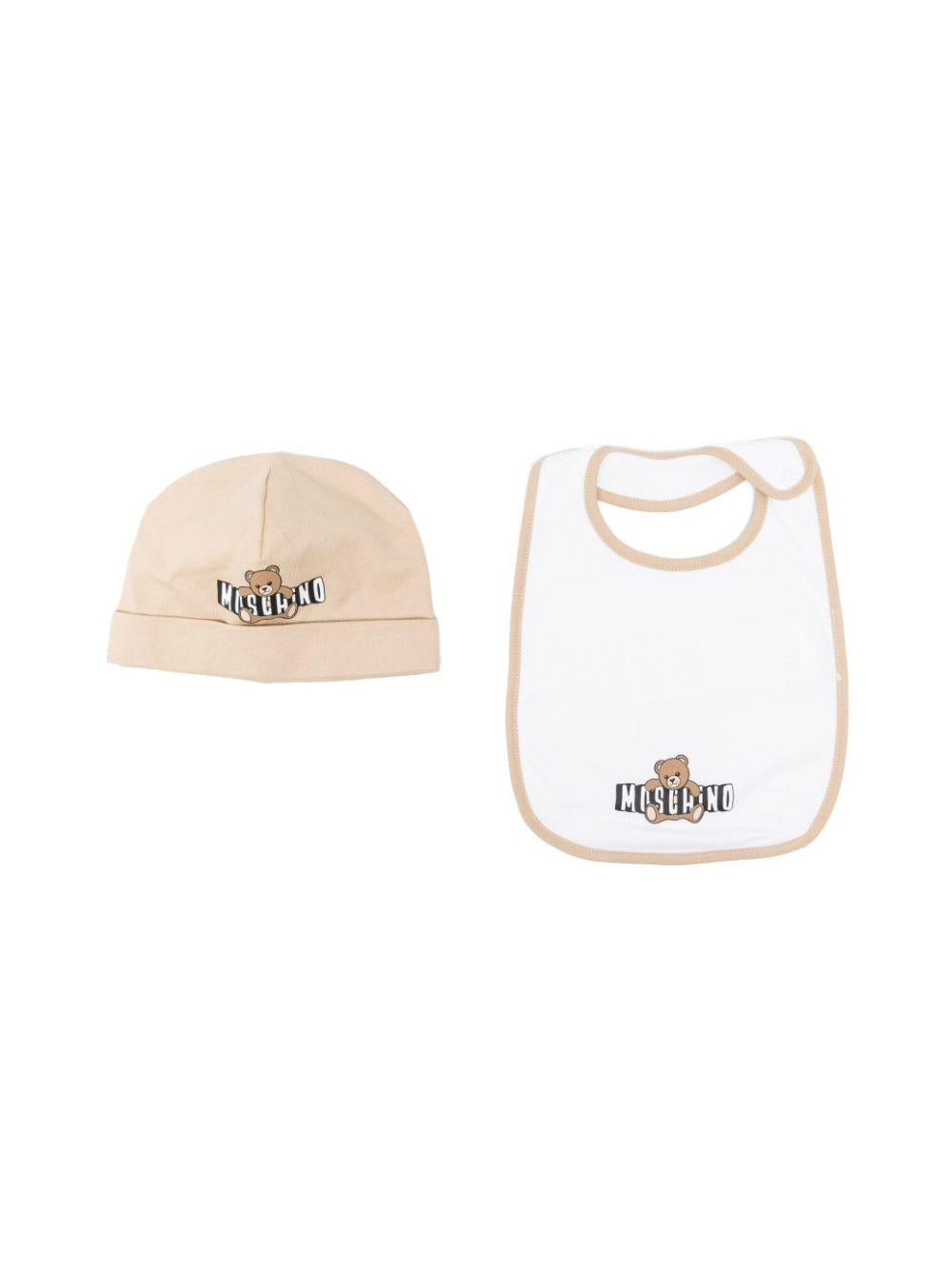 Set capellino e bavaglino per neonati Moschino Kids beige e bianco con stampa Teddy Bear MUY095LCA19 20829 MOSCHINO KIDS 