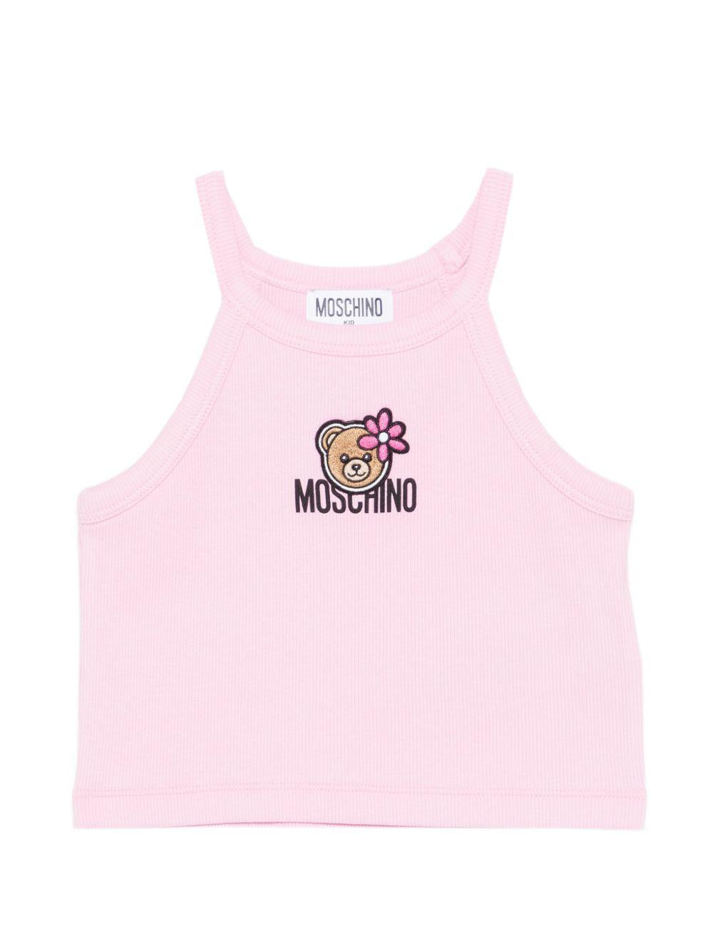Top per bambina Moschino Kids rosa con stampa Teddy Bear con fiore HDM06ZLBA39 51473 MOSCHINO KIDS 
