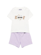 Set t-shirt e shorts per neonata Moschino Kids bianco e lilla con stampa M5G00MLAA01 83695 MOSCHINO KIDS 
