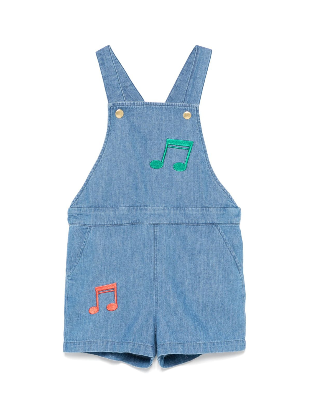 Tuta corta per bambina in denim con ricamo e due tasche diagonali laterali 2523014160 BLUE MINI RODINI 