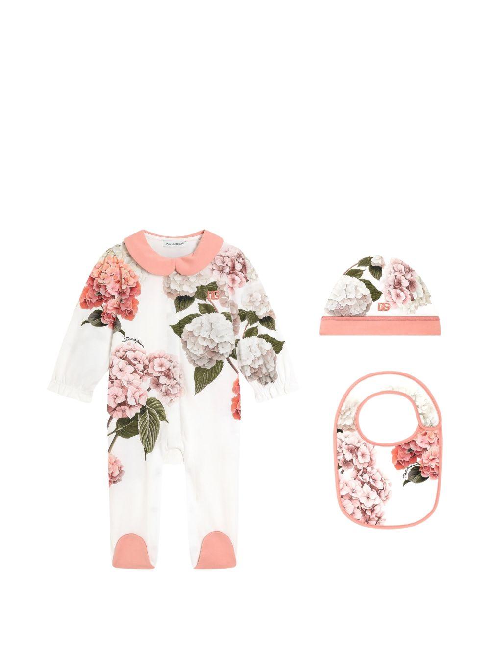 Set tutina, cappellino e bavaglino per neonata Dolce & Gabbana Kids bianco con stampa a fiori L2JO2Y II7JU HF5XG DOLCE & GABBANA KIDS 