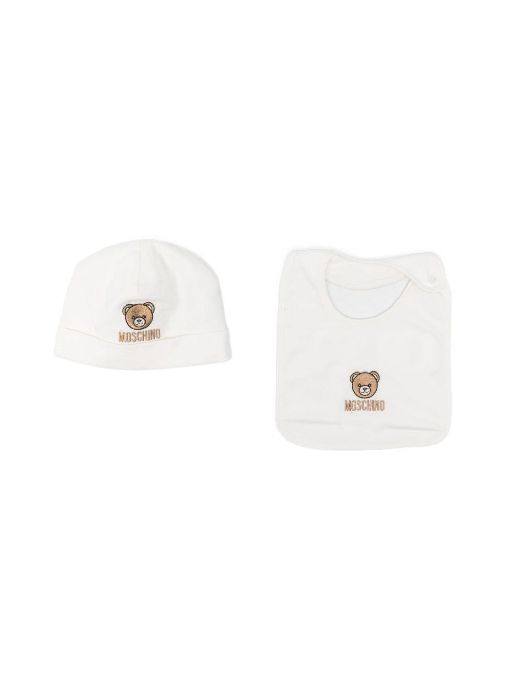 Set cappello e bavaglino per neonato Moschino Kids bianco con ricamo Teddy Bear MRY03ELAA23 10063 MOSCHINO KIDS 