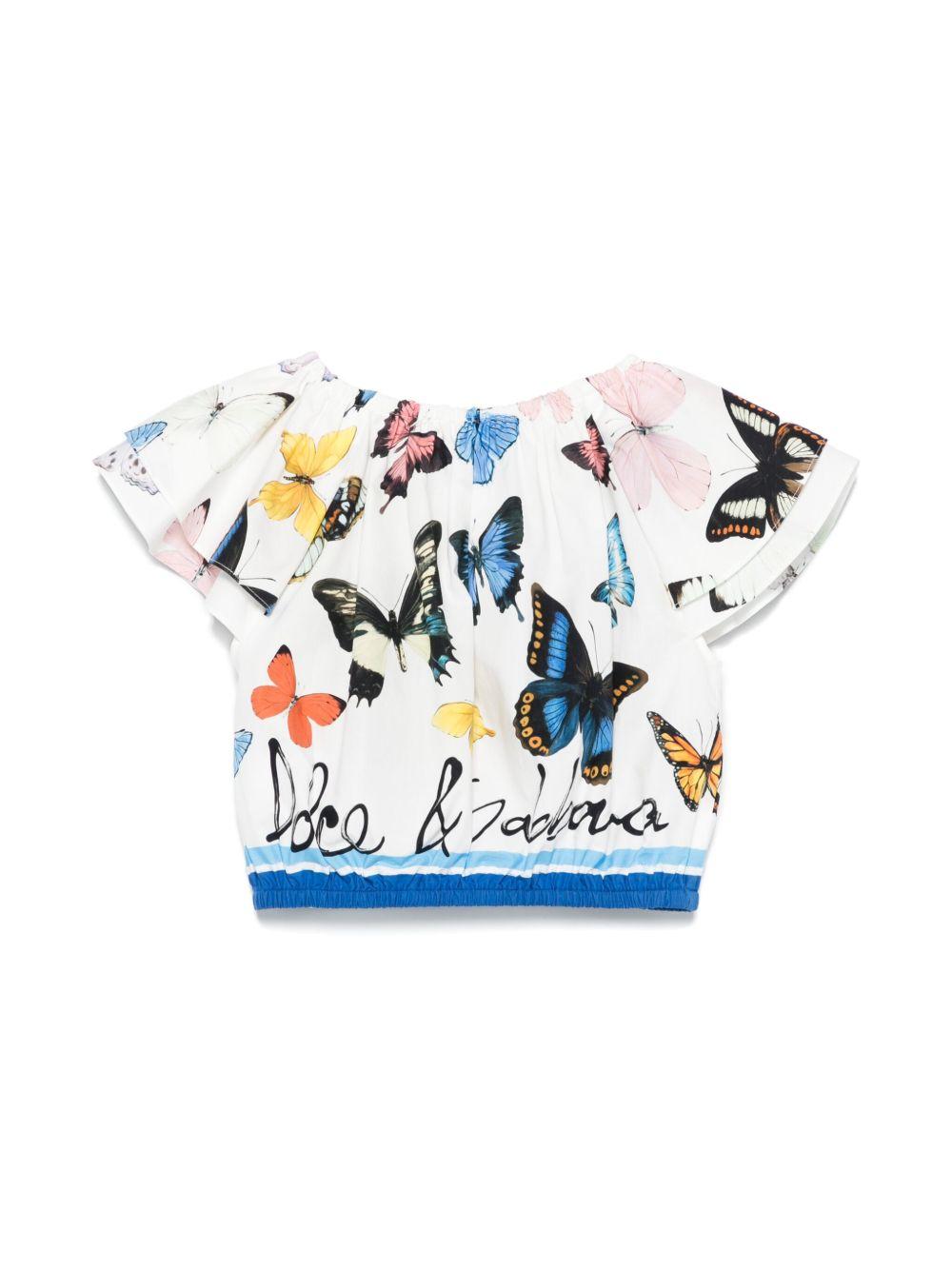 Camicetta in popeline con stampa a farfalla per bambina Dolce & Gabbana Kids bianco con spalle scoperte L56S25 FI5KS HB5KB DOLCE & GABBANA KIDS 