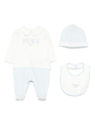 Set tutina, berretto e bavaglino per neonato Fendi Kids bianco e azzurro con dettaglio logo BUK139 ST8 F19J4 FENDI KIDS 