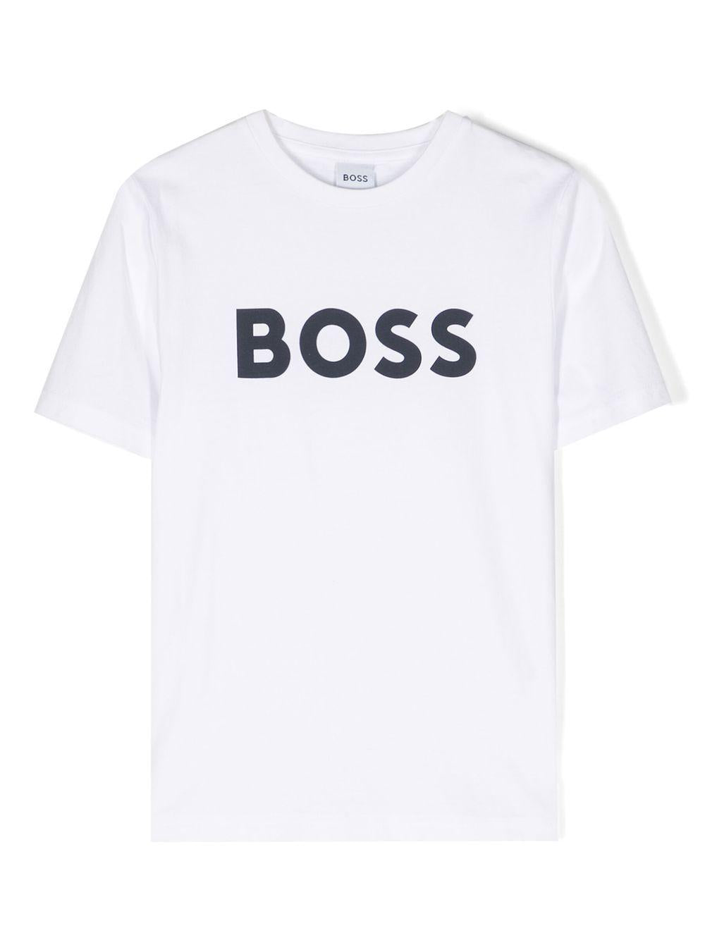 T-shirt per bambino Boss Kids bianca con stampa logo sul davanti J25P24 10P BOSS KIDS 