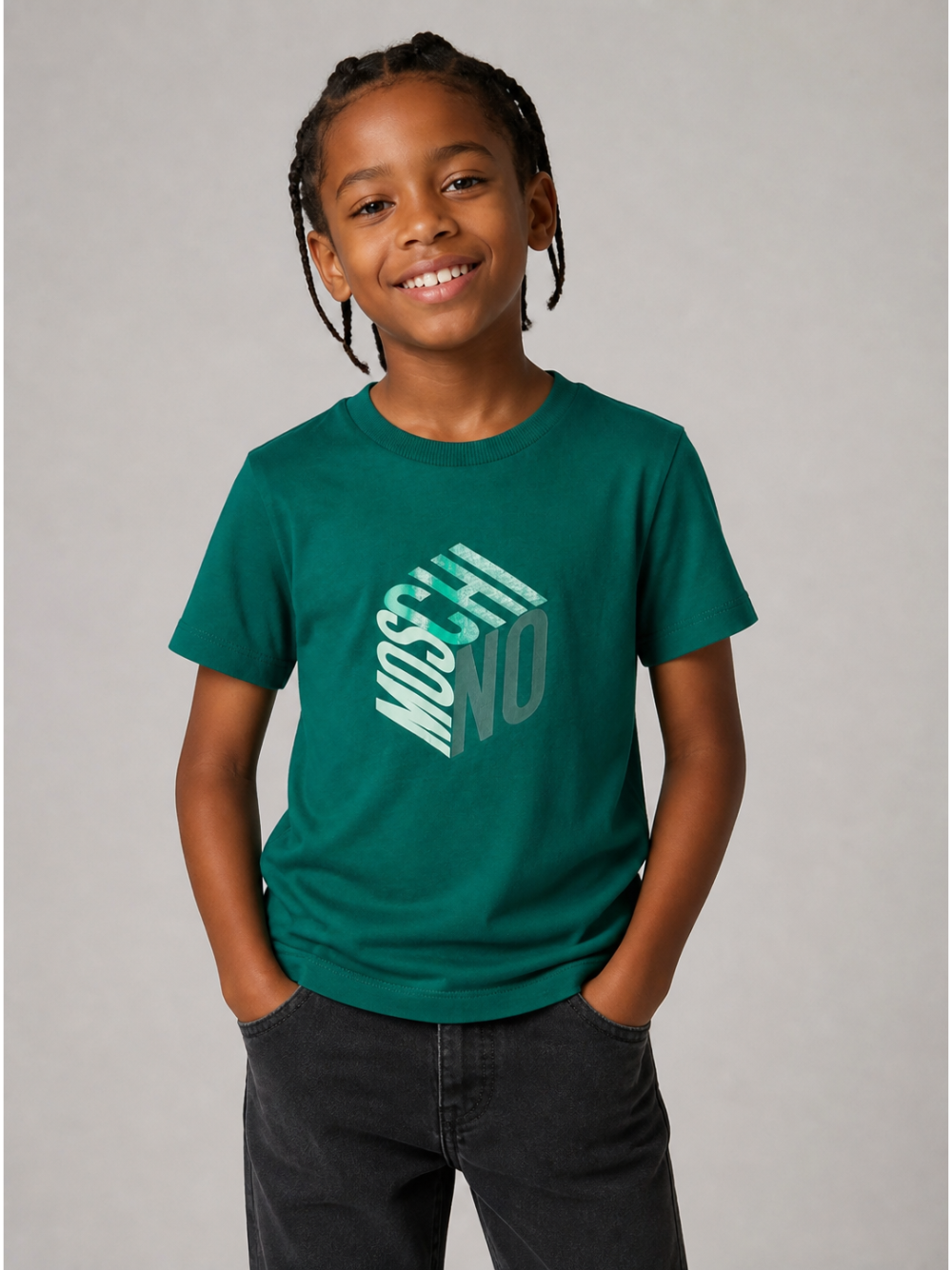 T-shirt per bambini Moschino Kids verde con stampa grafica del logo HMM05VLAA57 30327 MOSCHINO KIDS 