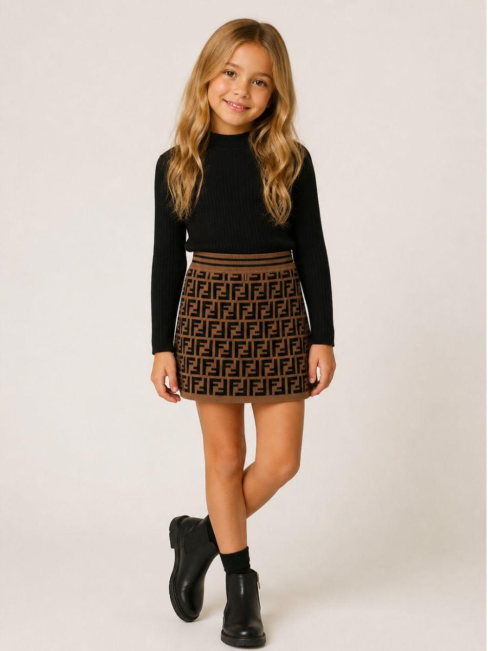 Gonna per bambina Fendi Kids marrone con dettaglio logo FF all-over JFG070 AEYD F15B6 FENDI KIDS 