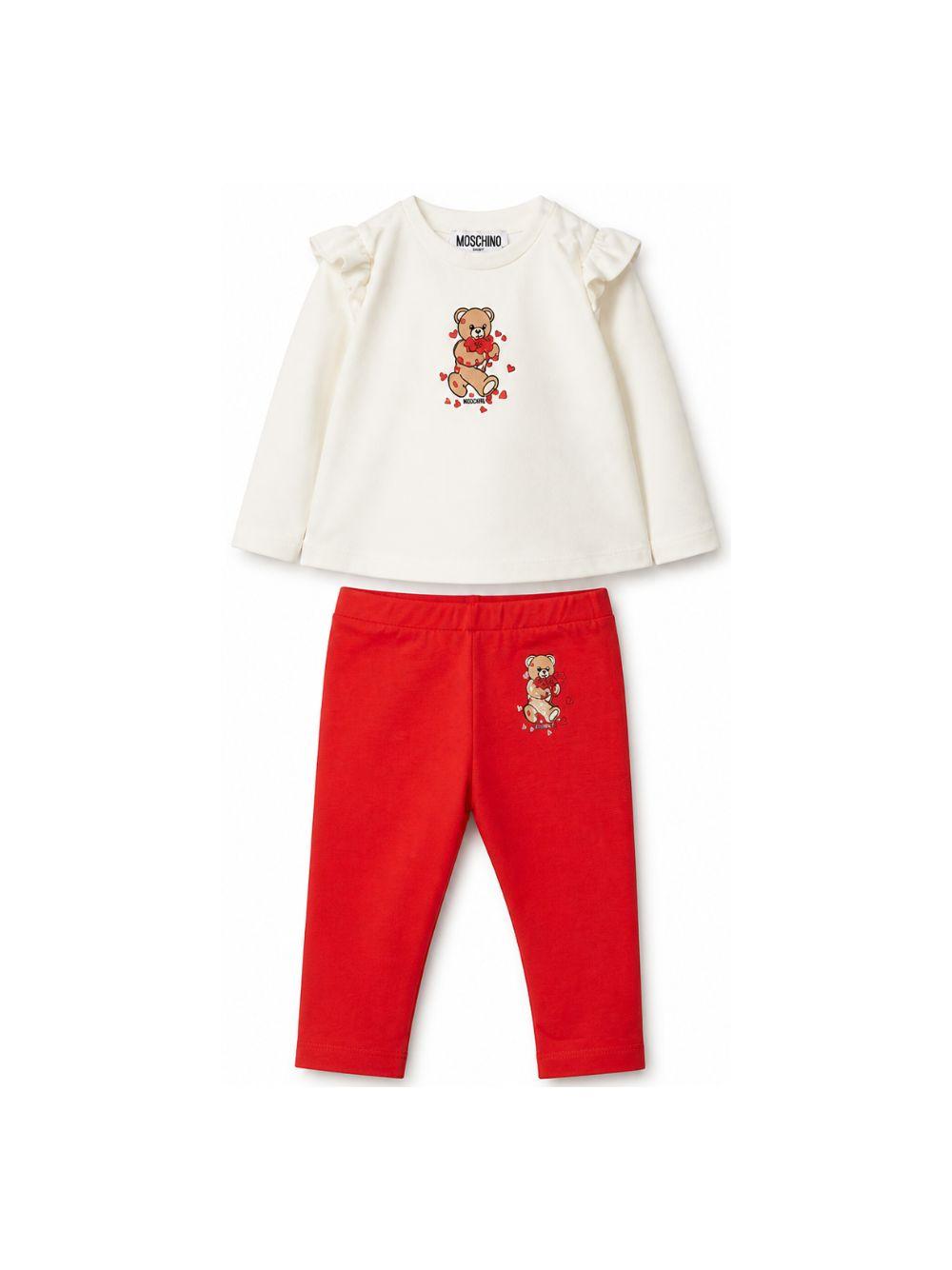 Completo t-shirt e pantaloni per neonata Moschino Kids bianco e rosso con motivo Teddy Bear MCK01XLBA11 83979 MOSCHINO KIDS 