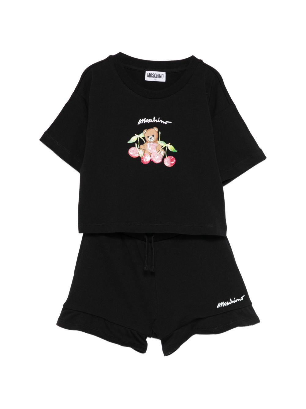 Set t-shirt e shorts per bambina Moschino Kids nero con stampa Teddy Bear sul davanti HDG01NLCA52 60100 MOSCHINO KIDS 