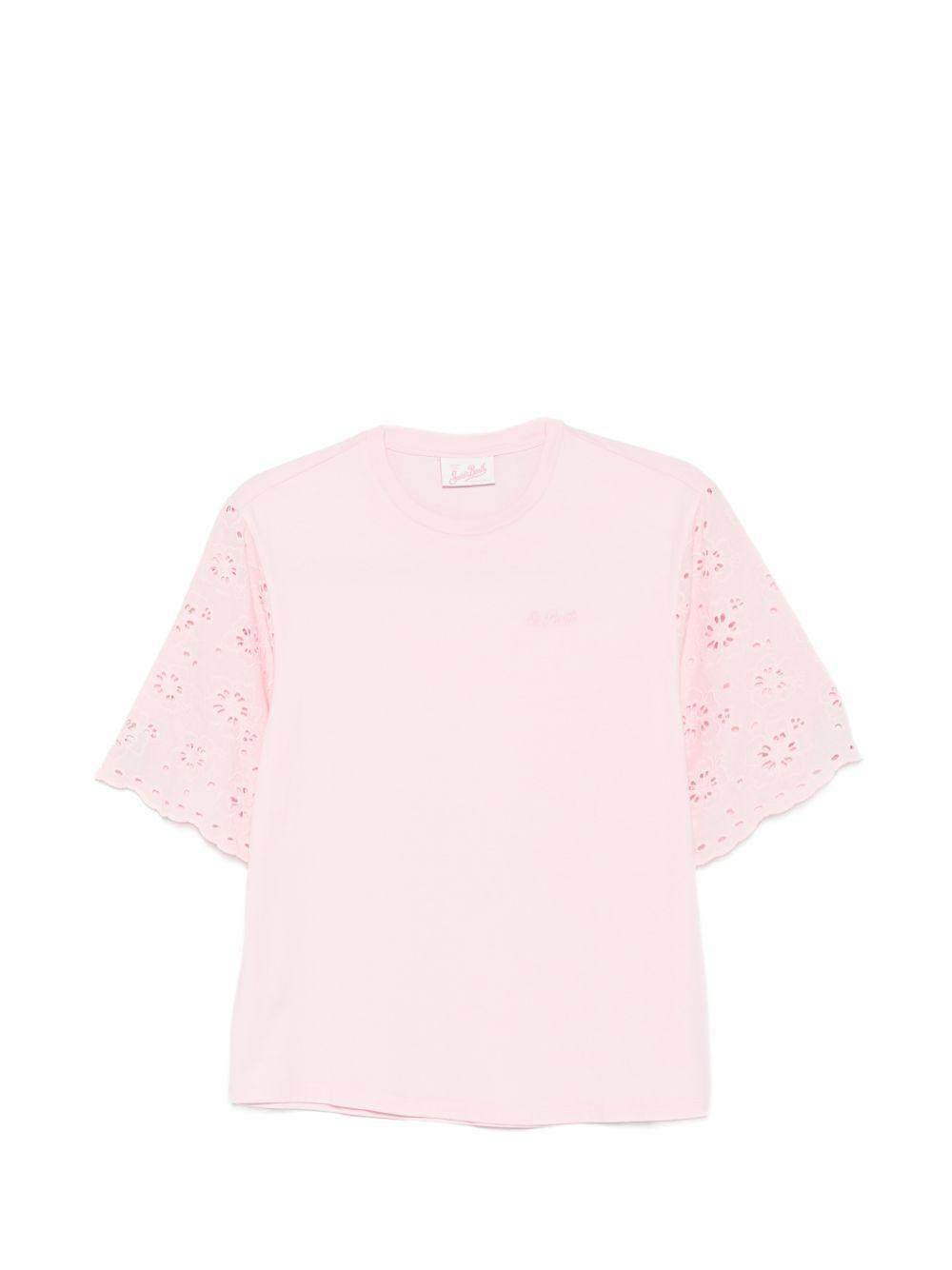 T-shirt da donna MC2 Saint Barth rosa con maniche in pizzo sangallo MSA0002 08716L MC2 ST. BARTH 