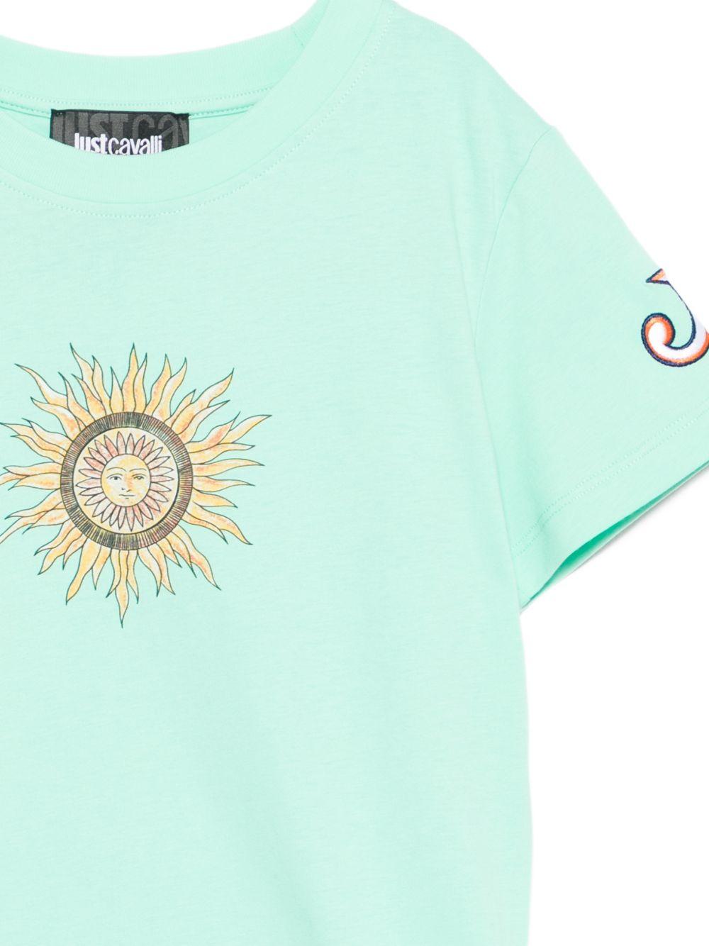 T-shirt per bambino Just Cavalli Kids acquamarina con dettaglio sole JBP26076TS GREEN O.W. ROBERTO CAVALLI KIDS 