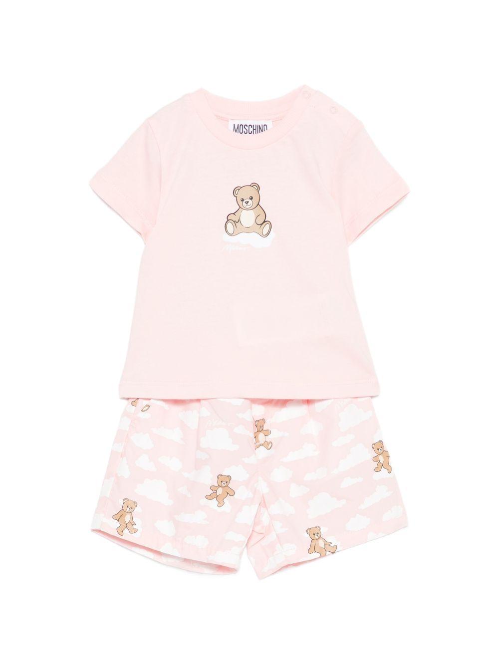 Set t-shirt e shorts per neonata Moschino Kids rosa con stampa Teddy sul davanti MUG01QLLB61 83696 MOSCHINO KIDS 