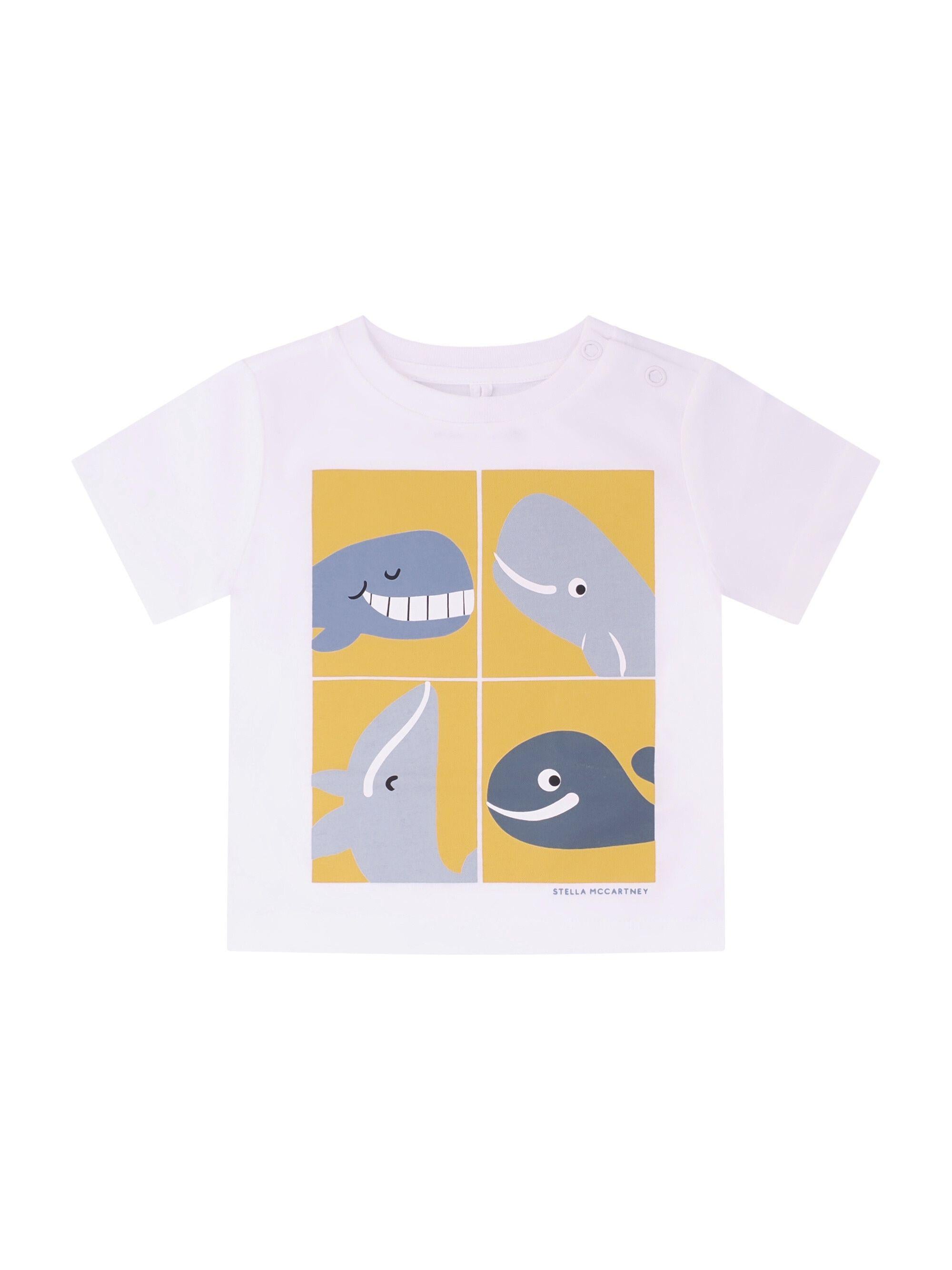 T-shirt per neonato Stella McCartney Kids bianca con stampa balene sul davanti TY8560 Z0434 100 STELLA McCARTNEY KIDS 