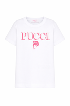 T-shirt per bambina Pucci Junior bianca con stampa logo sul davanti PY8B71 Z3672 100FU EMILIO PUCCI KIDS 