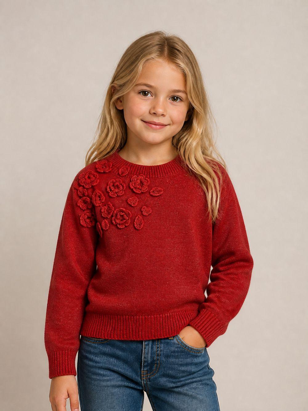 Maglione per bambina Monnalisa Kids rosso con ricamo fiori all'uncinetto sul davanti 17H602 8062 0043 MONNALISA KIDS 