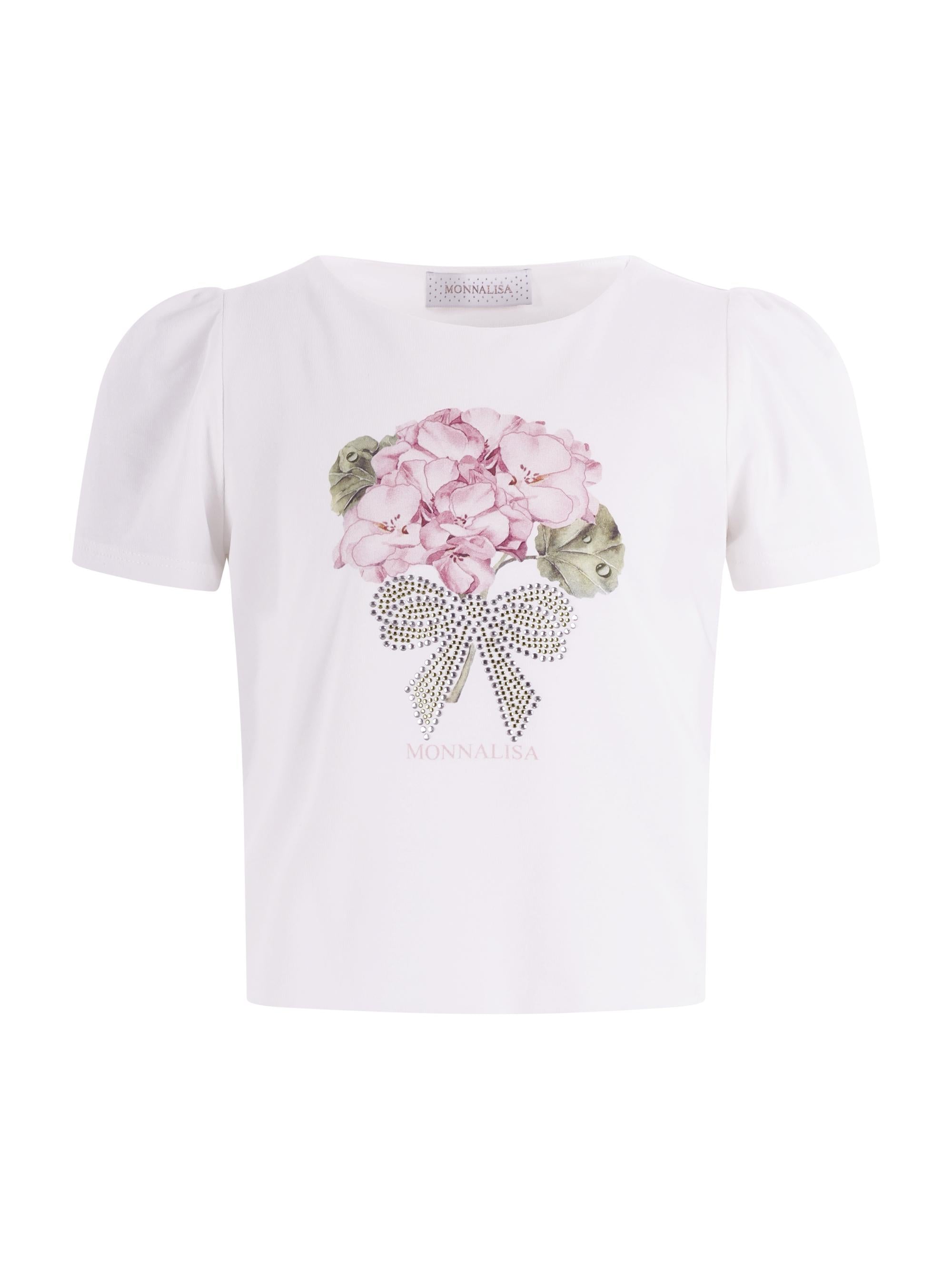 T-shirt per bambina Monnalisa bianca con grafica a  fiori sul davanti 71G601 7201 0001 MONNALISA KIDS 