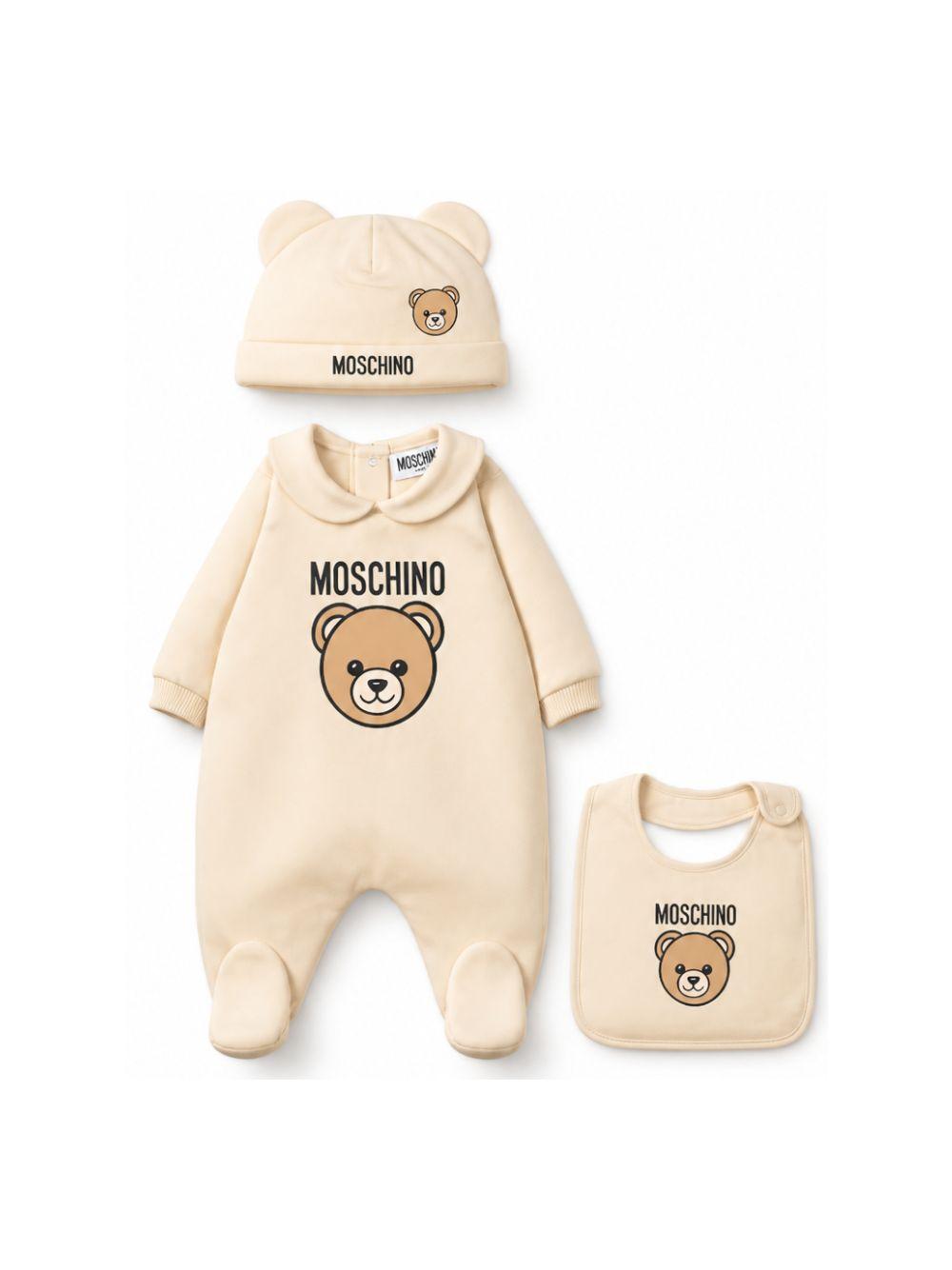 Set tutina, berretto e bavaglino per neonati Moschino Kids beige con stampa Teddy Bear MUY09PLCA40 20404 MOSCHINO KIDS 