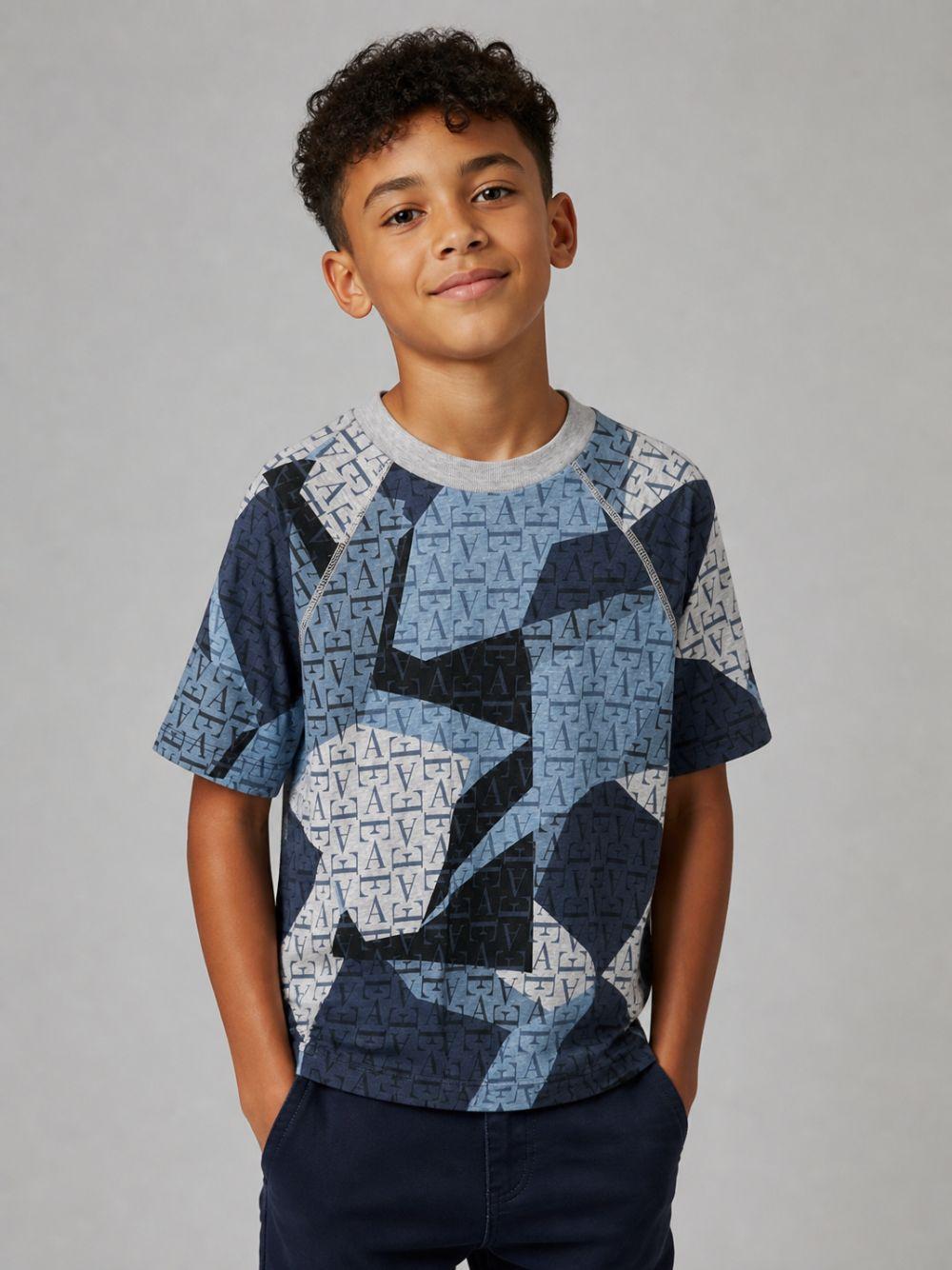 T-shirt per bambino Emporio Armani Kids blu con stampa monogramma all-over EB001655 AF28513 F8266 EMPORIO ARMANI KIDS 