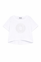 T-shirt per bambina Moschino Kids bianca con design crop HDM070LAA02 10101 MOSCHINO KIDS 
