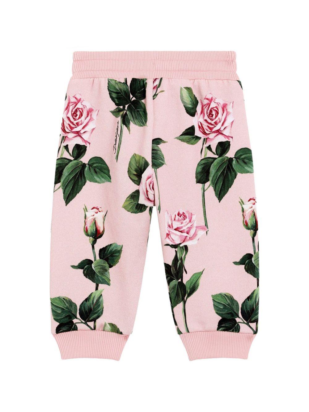 Pantaloni a fiori per neonata Dolce & Gabbana Kids rosa con orli a coste L2JPC9 HS7P1 HF5IZ DOLCE & GABBANA KIDS 