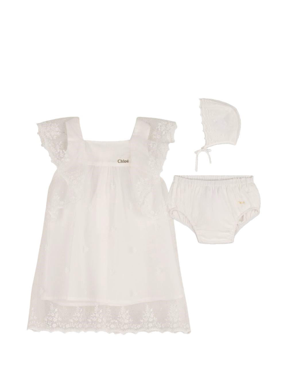 Set abito, coulotte e capellino per neonata Chloé Kids bianco con finiture in pizzo C20935 117 CHLOE' KIDS 