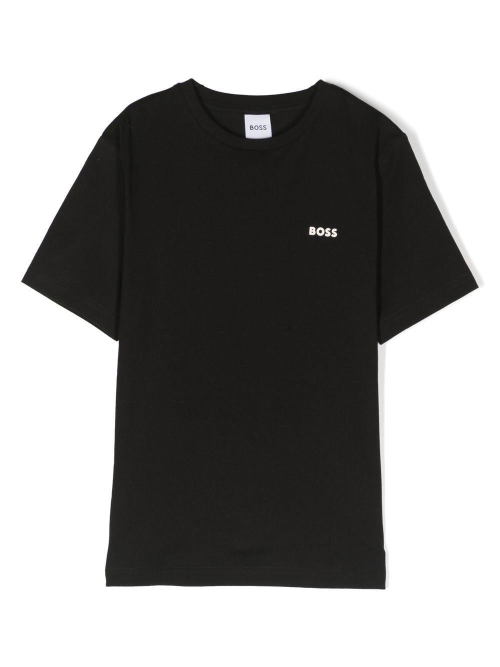 T-shirt per bambino BOSS Kidswear nero con logo goffrato bianco J25P23 09B BOSS KIDS 
