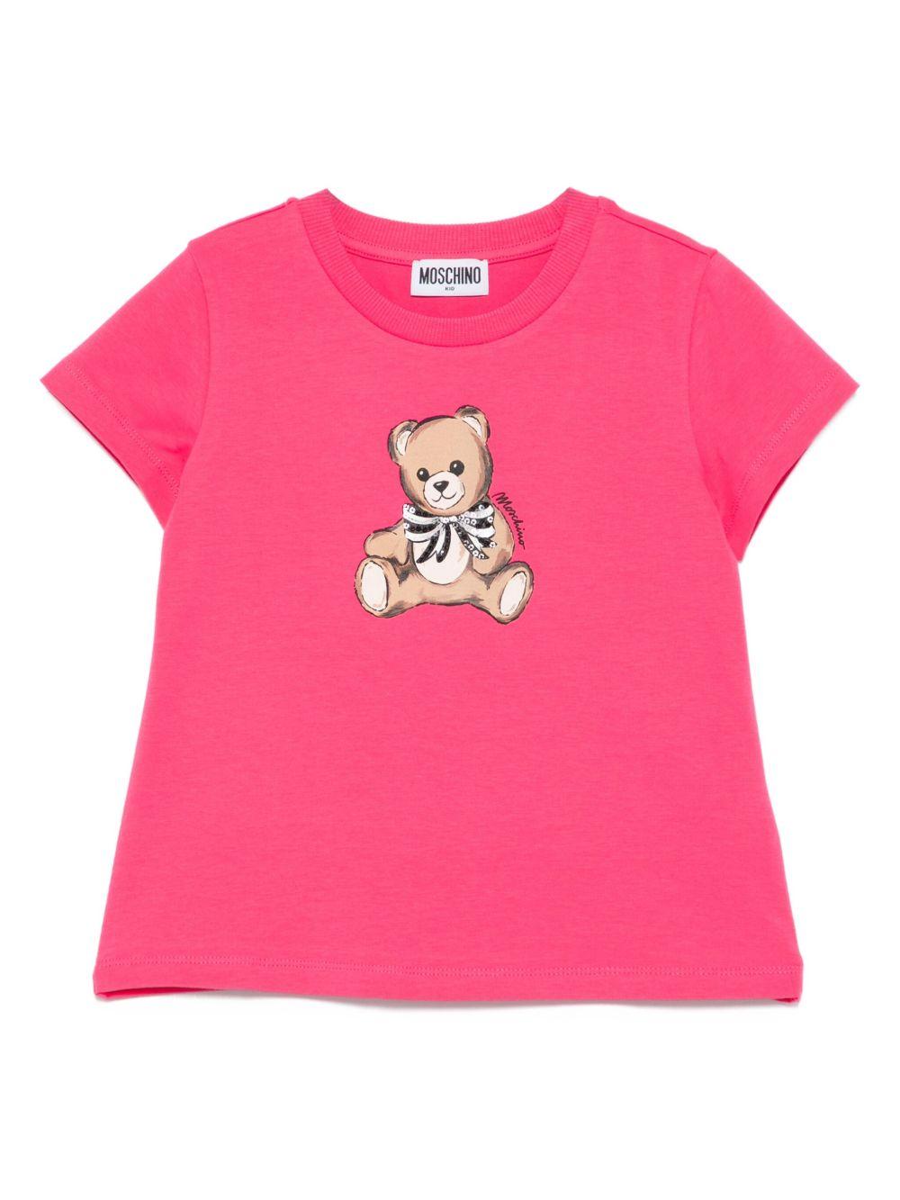 T-shirt per bambina Moschino Kids fucsia con logo Teddy Bear HCM06KLBA11 50541 MOSCHINO KIDS 
