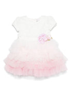 Abito per neonata Monnalisa bianco  con balze con effetto sfumato rosa 73E900 5910 0190 MONNALISA 