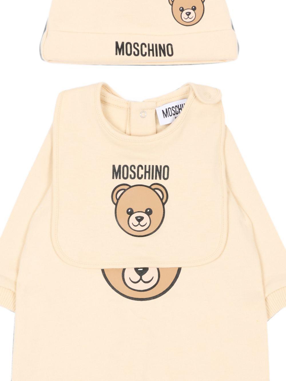 Set tutina, berretto e bavaglino per neonati Moschino Kids beige con stampa Teddy Bear MUY09PLCA40 20404 MOSCHINO KIDS 