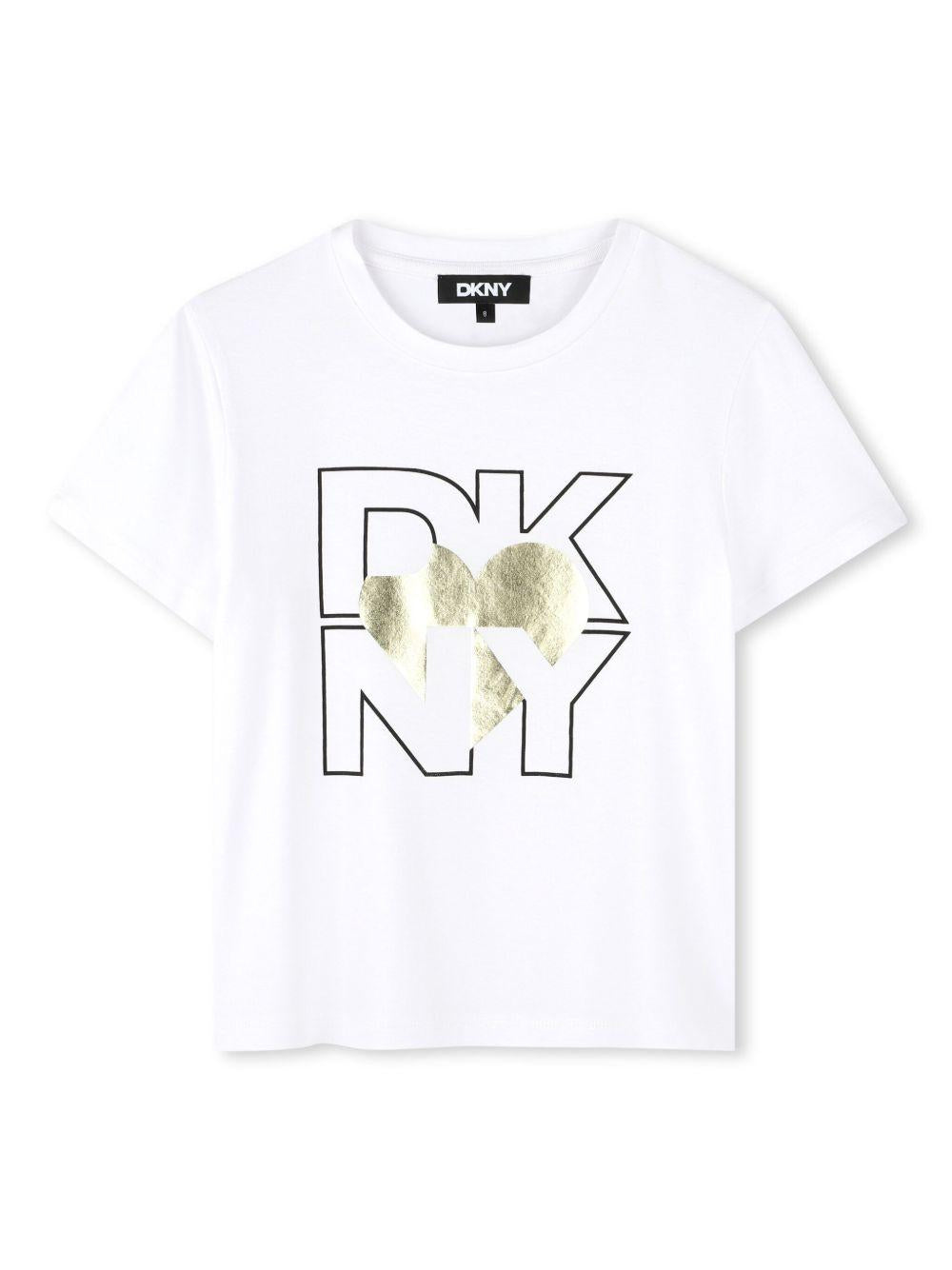 T-shirt con stampa per bambino Dkny Kids bianco con scollo rotondo D62305 560 DKNY 