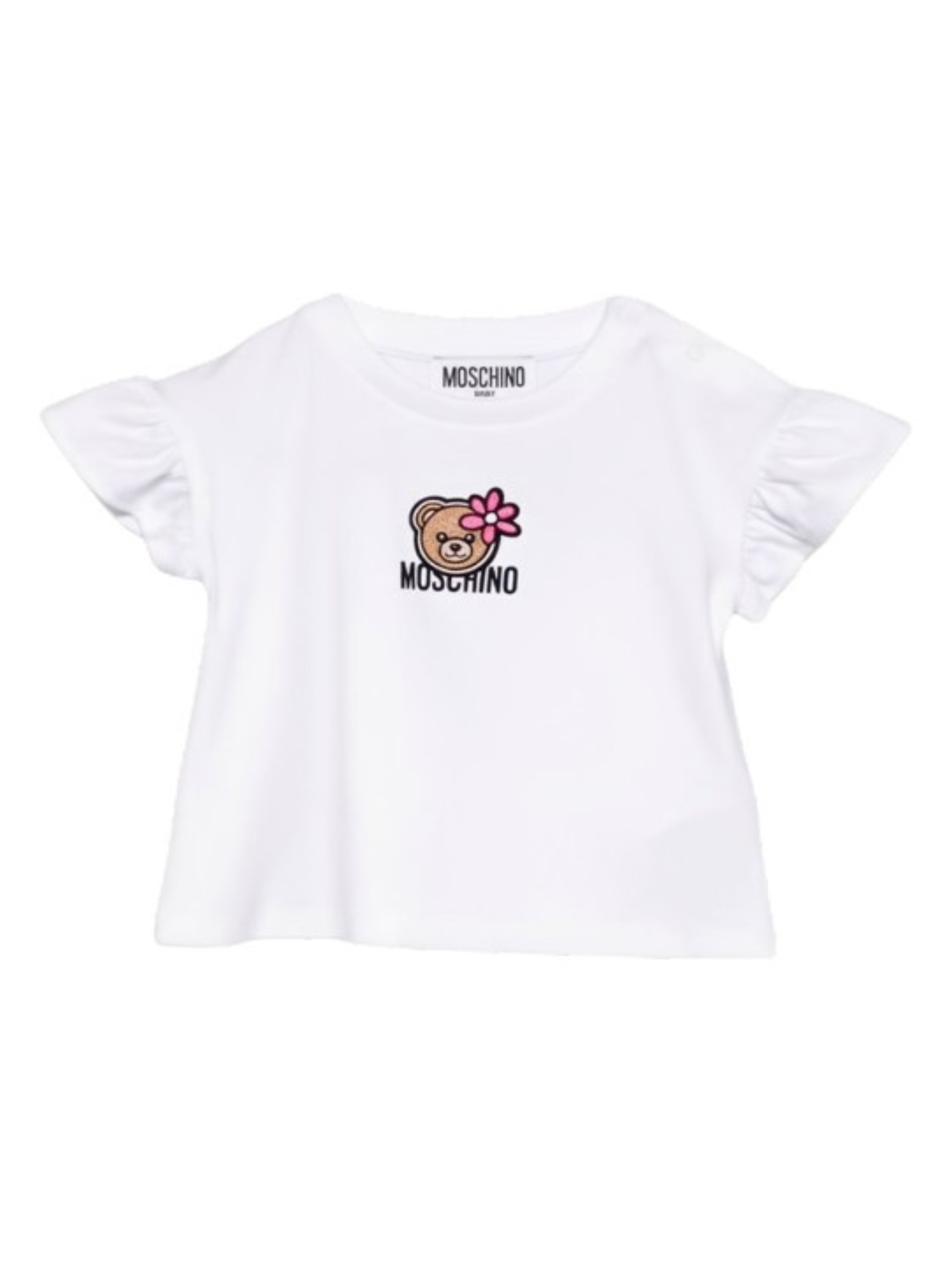 T-shirt per neonata Moschino Kids bianca con maniche a ruches MDM03RLBA00 10101 MOSCHINO KIDS 