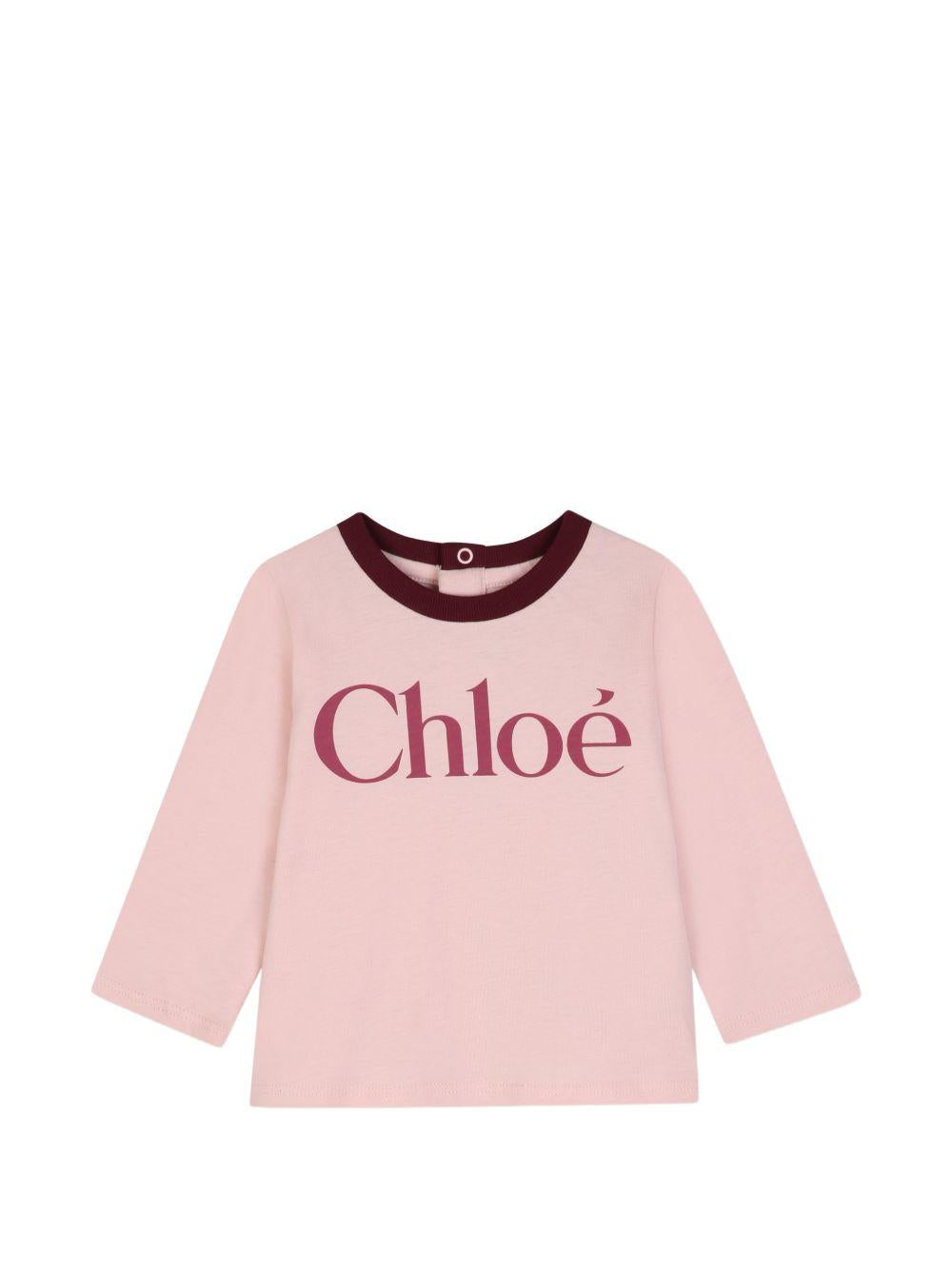T-shirt per neonata Chloé Kids rosa con dettaglio logo sul davanti C21362 461 CHLOE' KIDS 