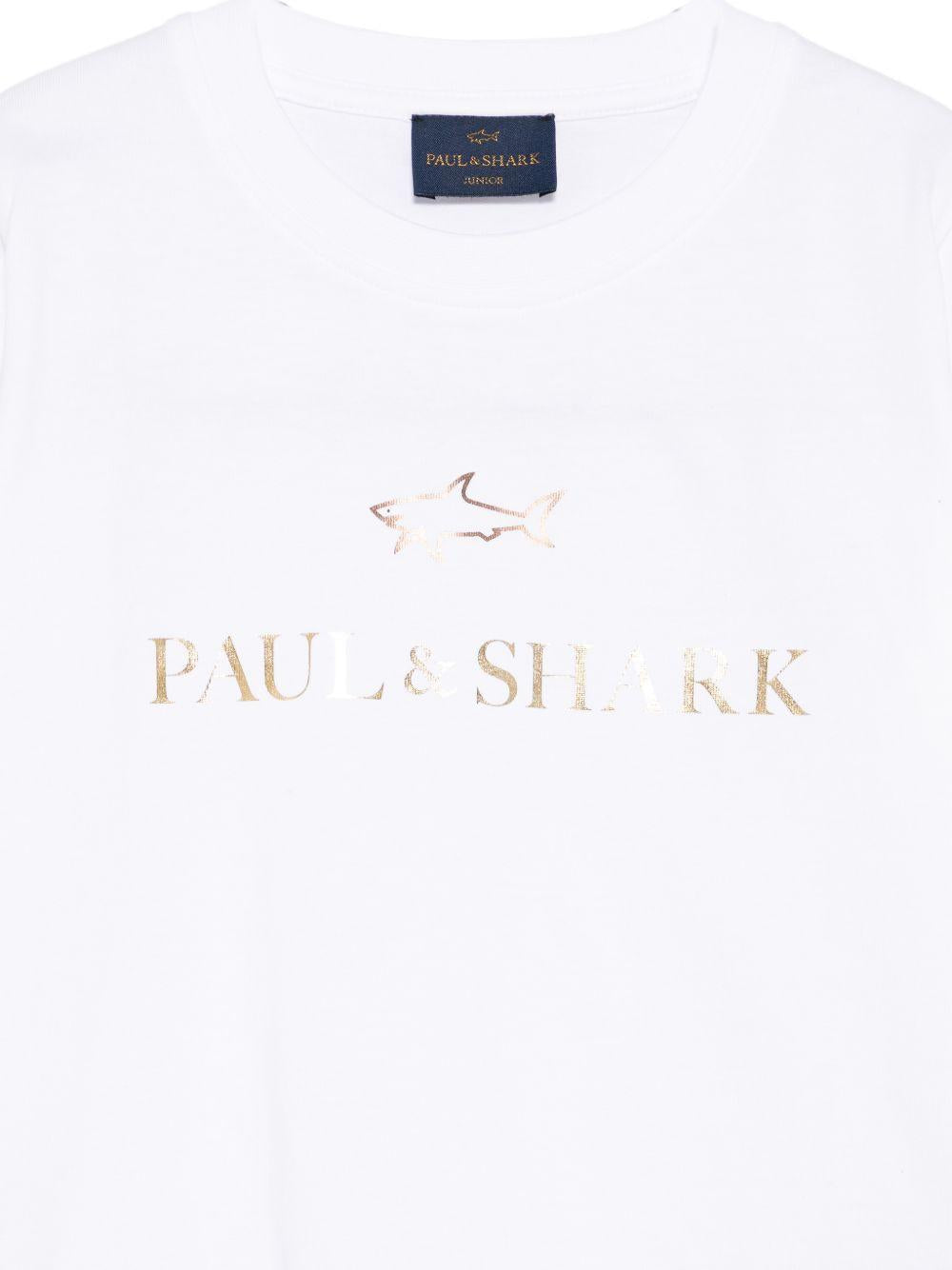 T-shirt per bambino Paul & Shark Kids bianca con logo dorato sul davanti WUM00DLAA53 10101 PAUL & SHARK KIDS 