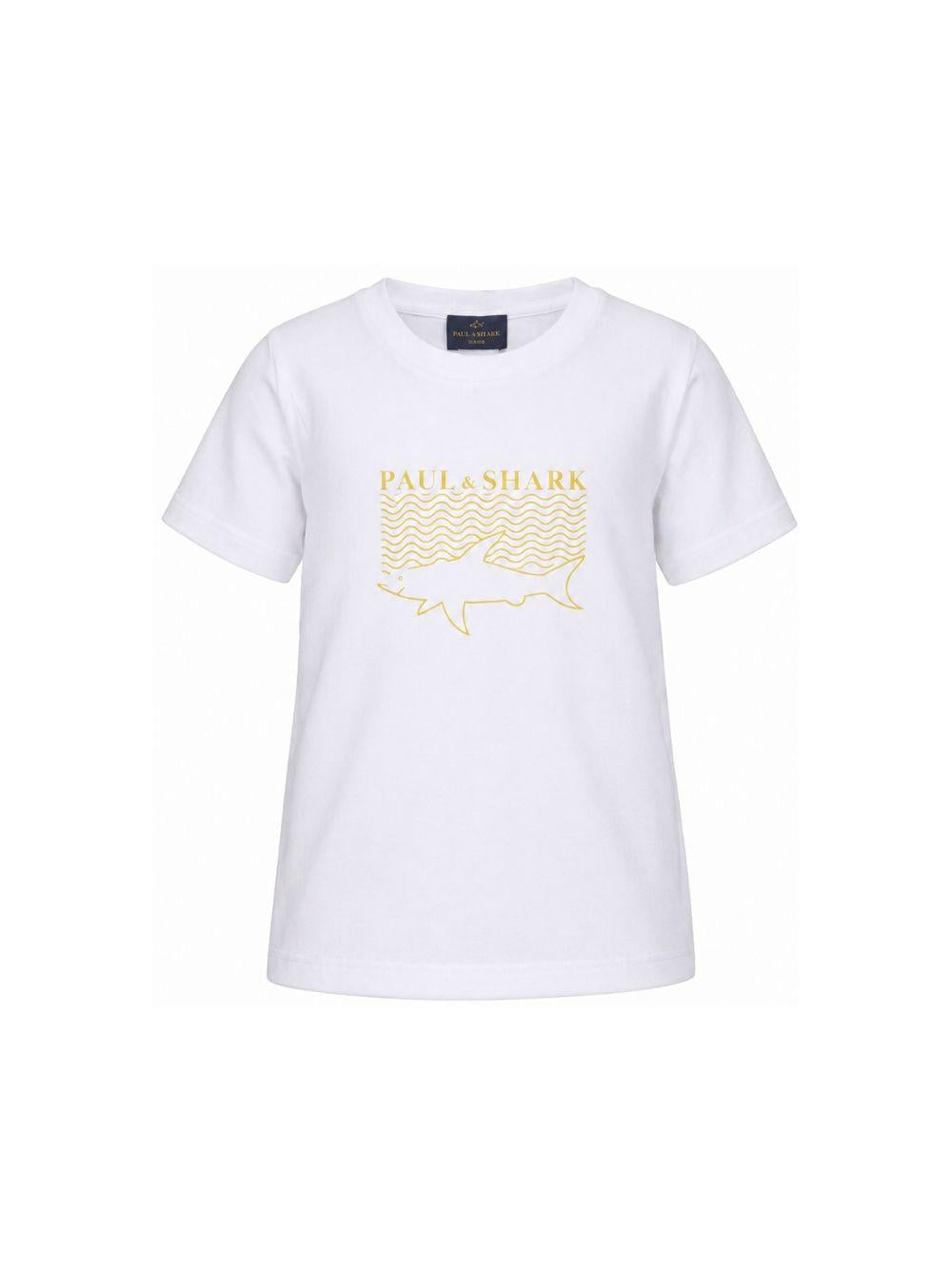 T-shirt per bambino Paul & Shark Kids bianca con stampa logo e squalo sul davanti WNM00HLAA53 10101 PAUL & SHARK KIDS 