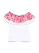 Top per bambina Monnalisa bianco con ruches e design con spalle scoperte 11E627 5202 9944 MONNALISA KIDS 