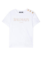 T-shirt con logo glitter per bambina Balmain Kids bianco con girocollo BV8B71 Z0082 100OR BALMAIN KIDS 