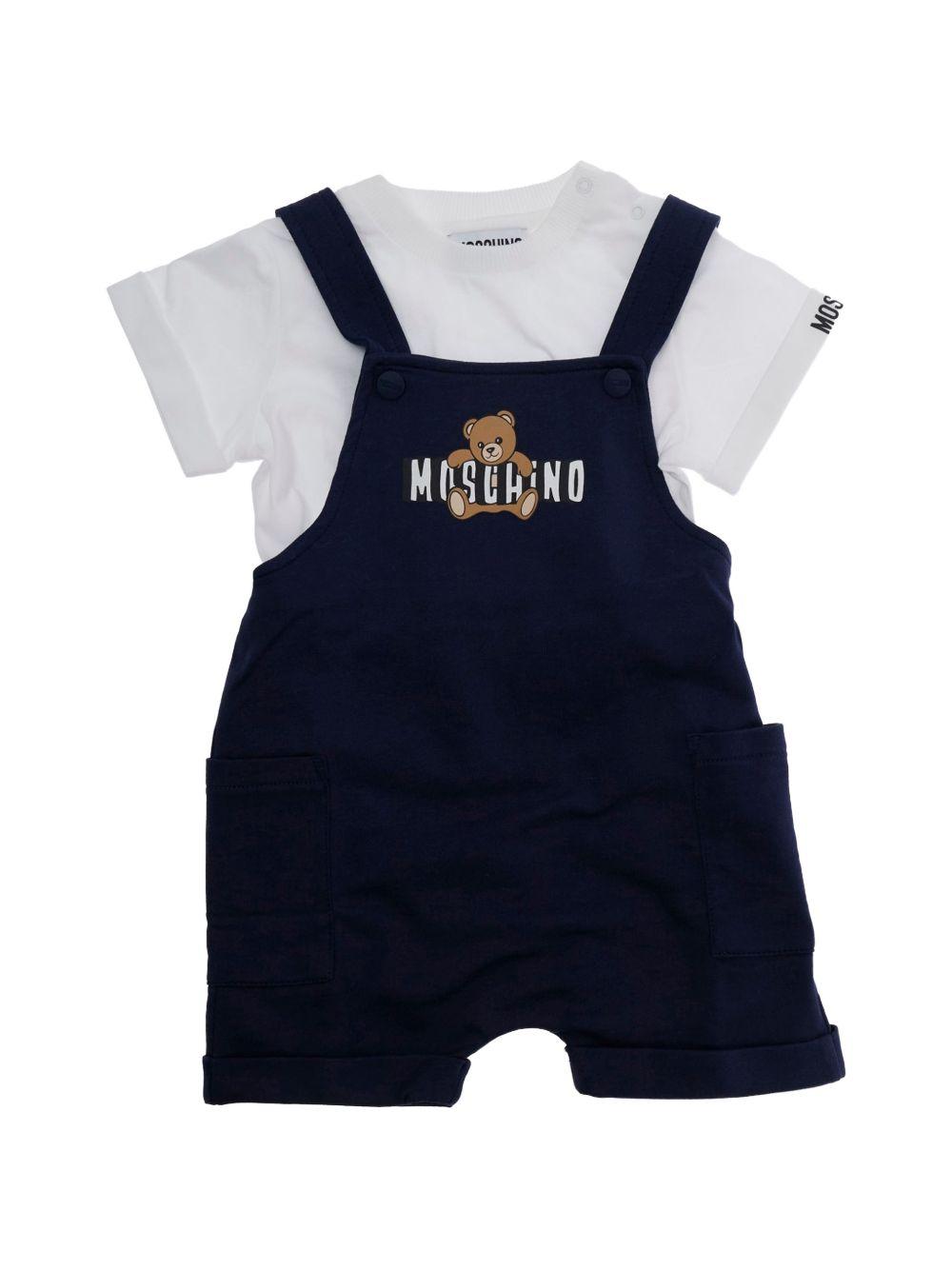 Set t-shirt e salopette per neonato Moschino Kids blu con stampa Teddy Bear MUG01TLCA19 83240 MOSCHINO KIDS 