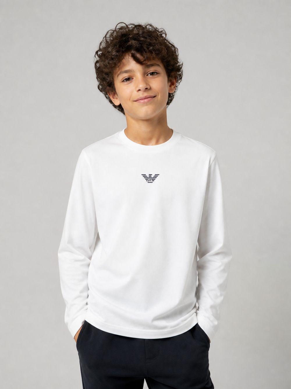 T-shirt per bambino Emporio Armani Kids bianca con dettaglio sul davanti EB000420 AF15013 M0134 EMPORIO ARMANI KIDS 