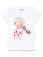 T-shirt con stampa Capri per bambina Monnalisa bianco con dettaglio pompon 11E623 5202 9944 MONNALISA 