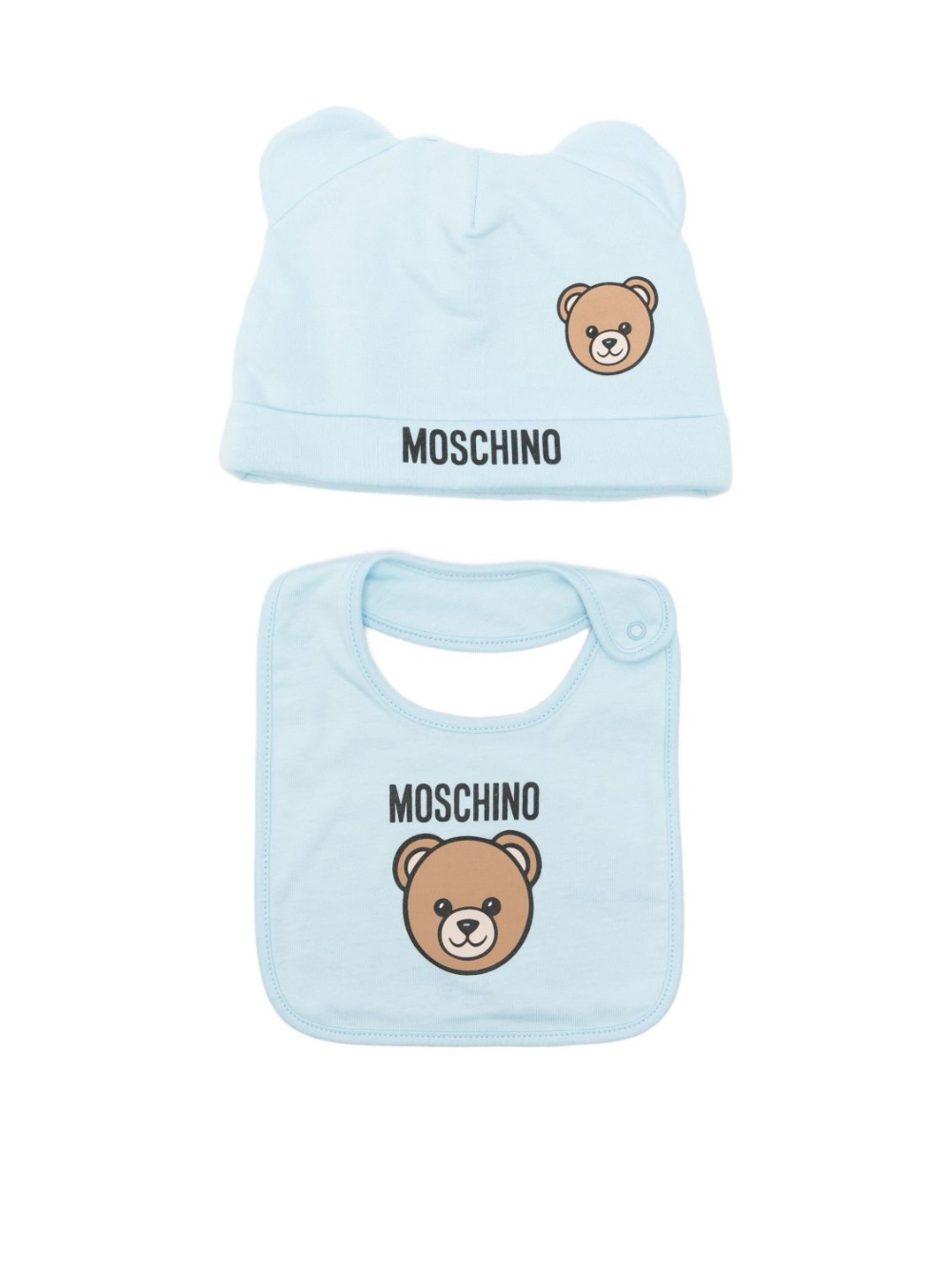 Set berretto e bavaglino per neonato Moschino Kids azzurro con motivo Teddy Bear MUY08KLCA40 40304 MOSCHINO KIDS 