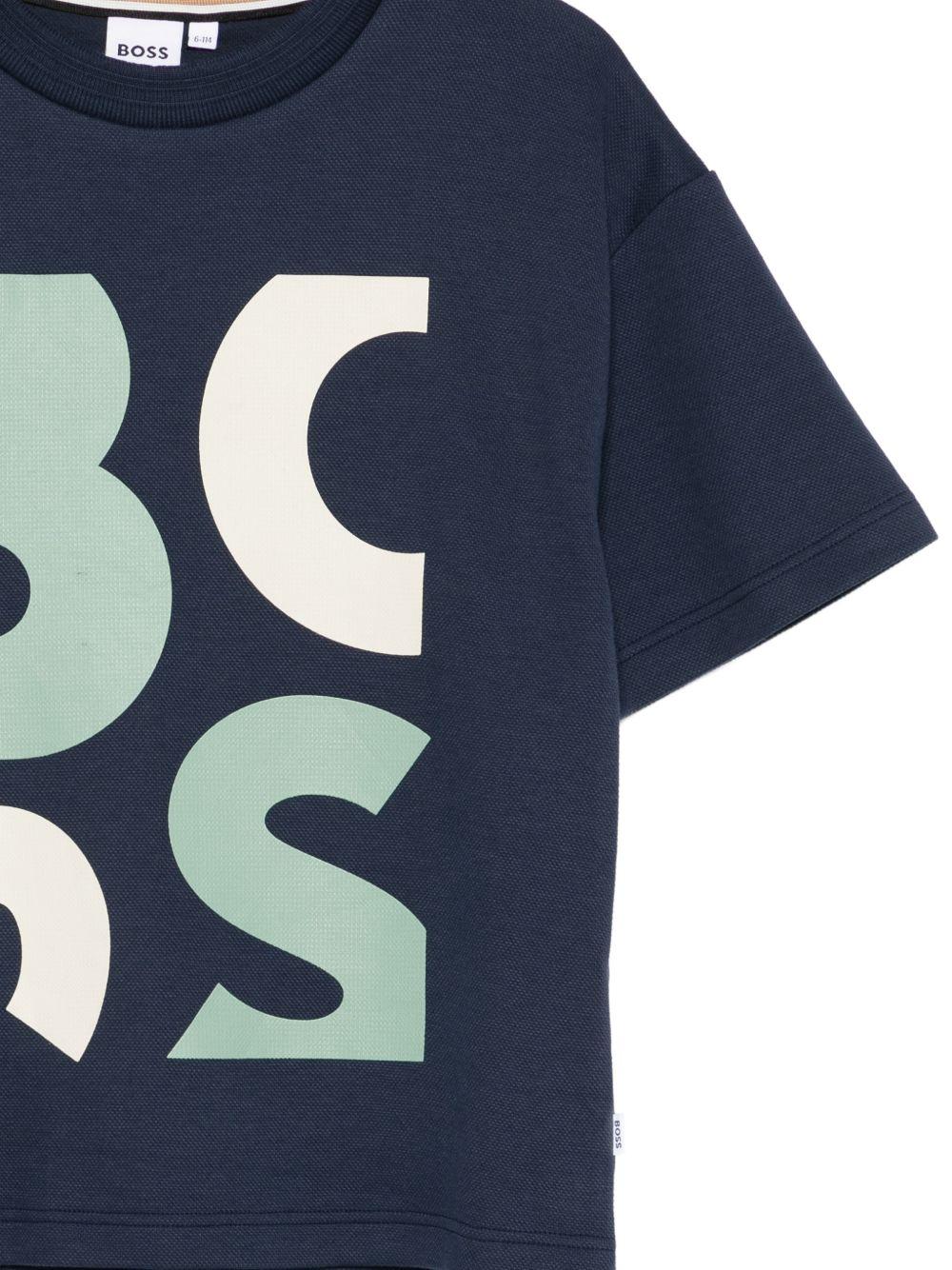 T-shirt per bambino Boss Kids blu con logo sul davanti J52990 849 BOSS KIDS 