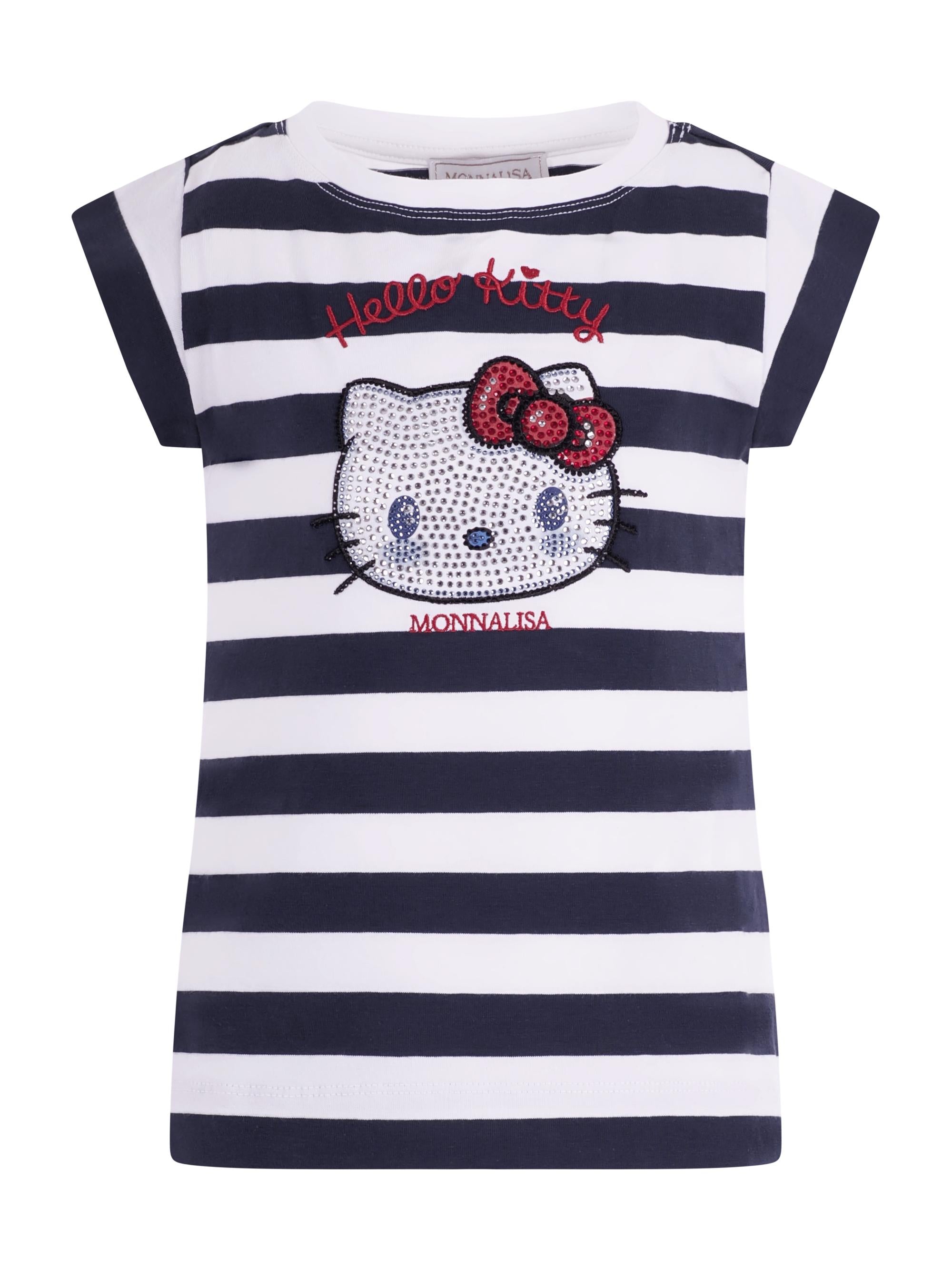 T- shirt per bambina Monnalisa blu con motivo a righe con stampa a decorazione 19G617 7042 9956 MONNALISA KIDS 