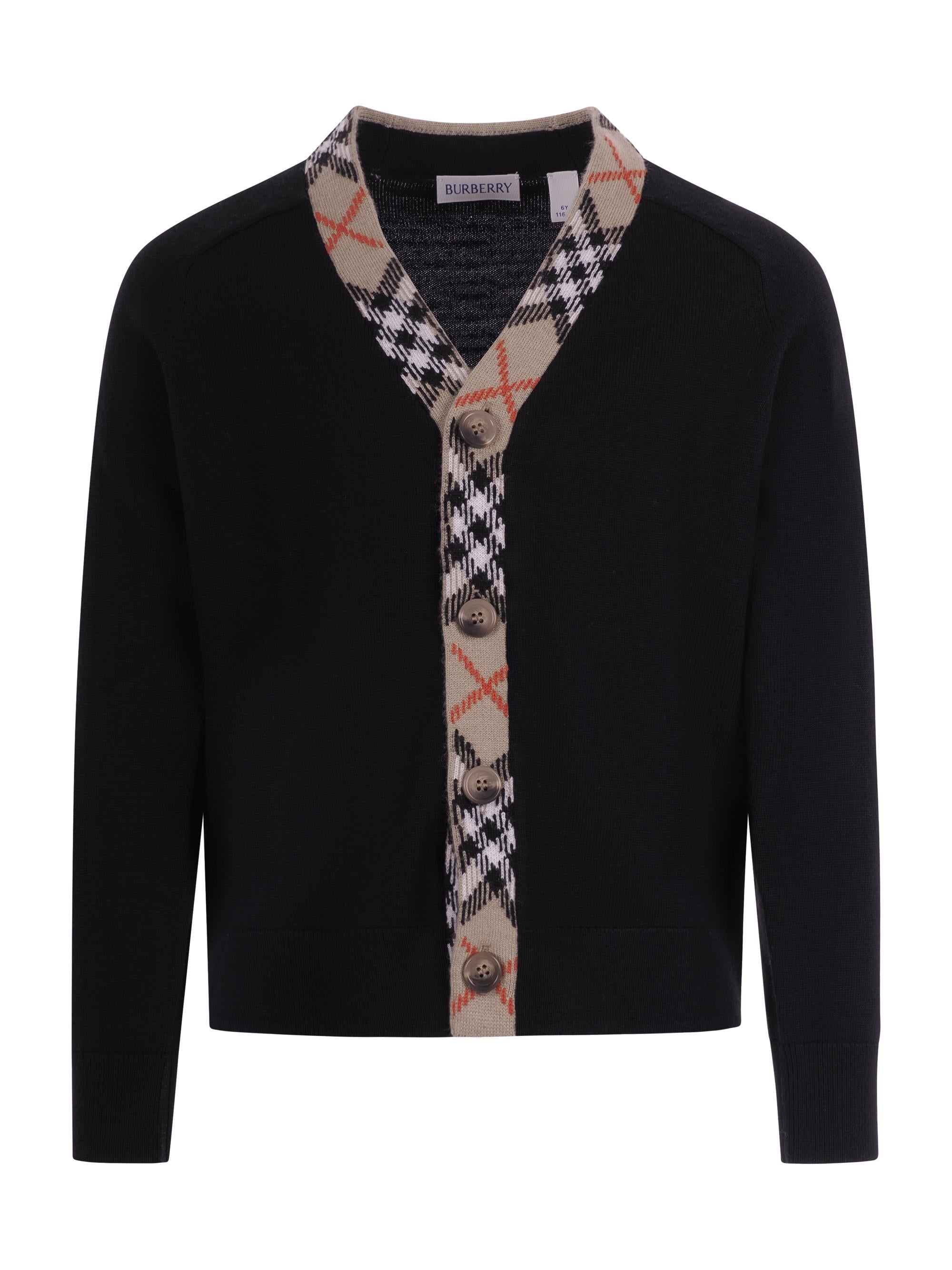 Cardigan per bambino Burberry kids nero con rifiniture a quadri 8117201 A1189 BURBERRY KIDS 