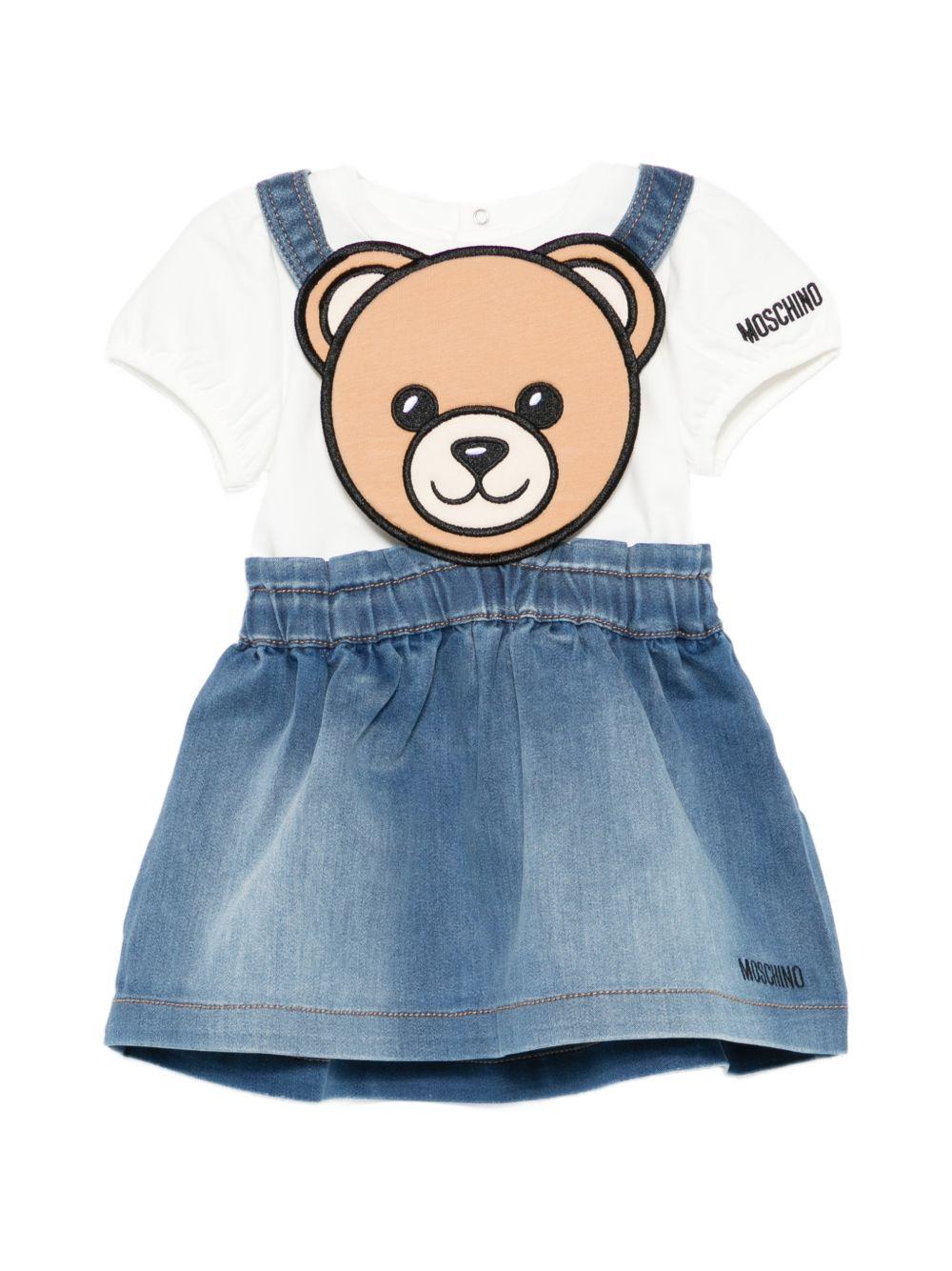 Set t-shirt e salopette per neonata Moschino Kids multicolor con stampa Teddy Bear sul davanti MDG01VLXE43 40332 MOSCHINO KIDS 