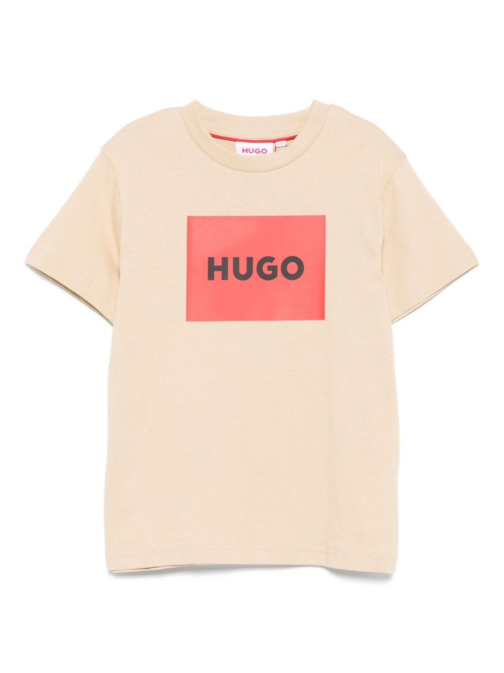 T-shirt per bambino Hugo Kids beige con logo sul davanti G00572 249 Hugo 