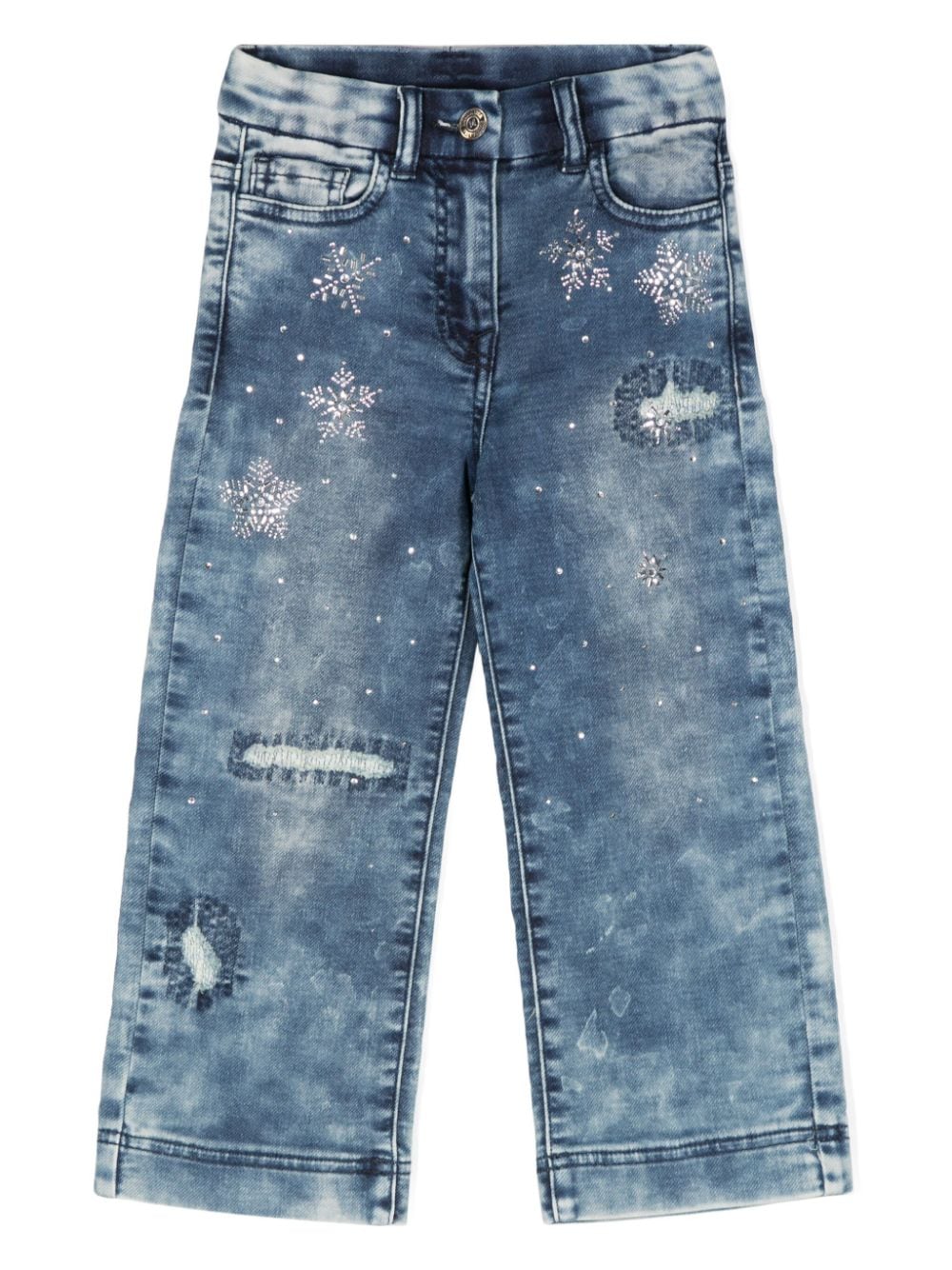 Jeans con cristalli per bambina Monnalisa blu con effetto sbiadito - Rubino Kids