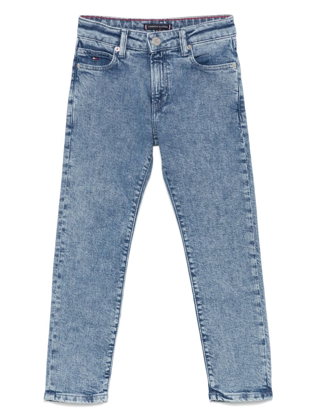 Jeans con logo ricamato per bambino Tommy Hilfiger Junior blu con toppa con logo sul retro - Rubino Kids