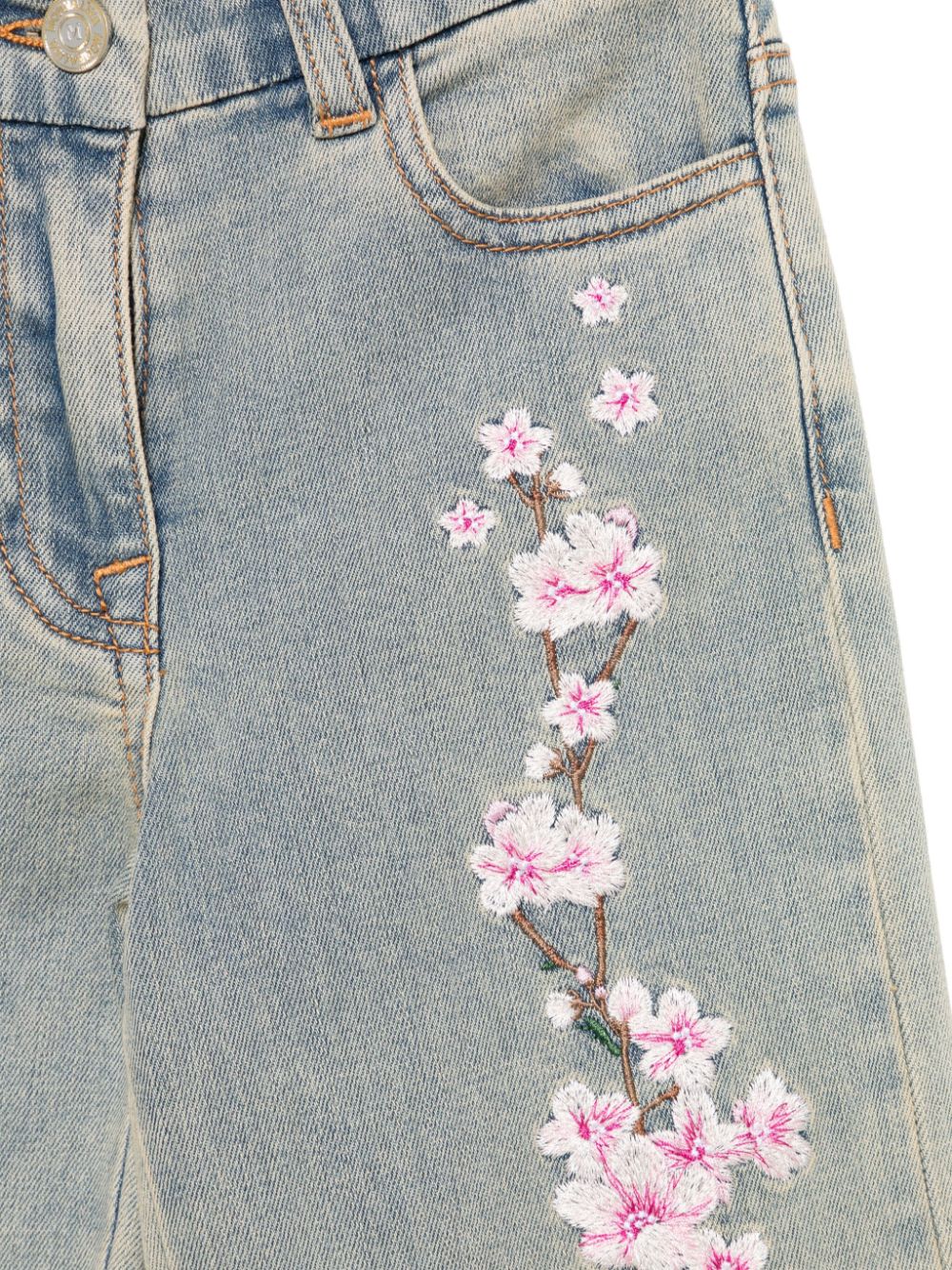 Jeans per bambina Monnalisa in denim con ricamo a fiori - Rubino Kids