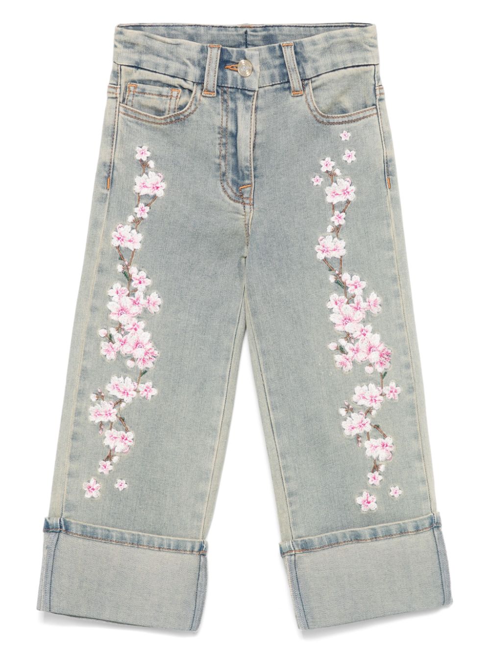 Jeans per bambina Monnalisa in denim con ricamo a fiori - Rubino Kids