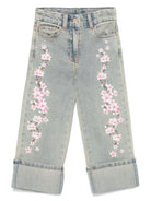 Jeans per bambina Monnalisa in denim con ricamo a fiori - Rubino Kids